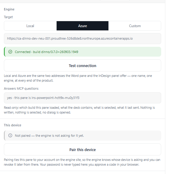 The PowerPoint pane's Settings tab: the engine it talks to, with the pairing card beneath it
