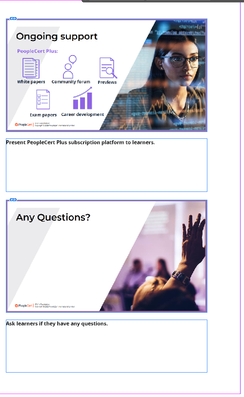 A Trainer Guide page: a two-column table with slide thumbnail, title and number on the left and the trainer's notes on the right