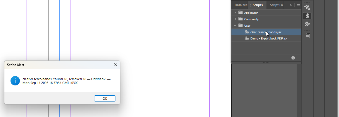 Το panel Scripts του InDesign με το script καθαρισμού των ταινιών, και την αναφορά του για το πόσα μέρη αφαίρεσε.