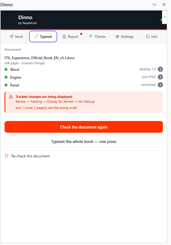 The pane refusing a document that is showing tracked changes, naming the menu path that clears them