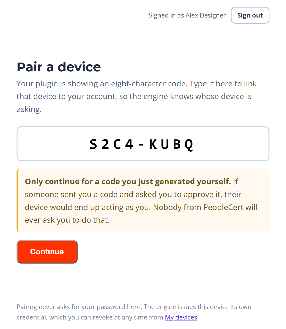 The approval page with a pairing code filled in, beside its anti-phishing warning