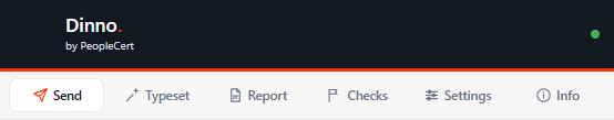 Οι έξι καρτέλες του panel: Send, Typeset, Report, Checks, Settings και Info, με επιλεγμένη την Send όπως ανοίγει.
