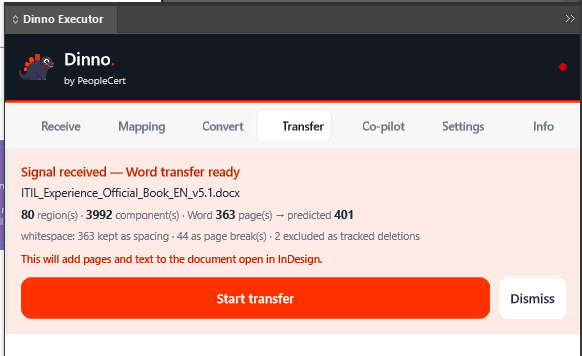 The InDesign panel's consent card, naming the document and what will be written, with Start transfer and Dismiss