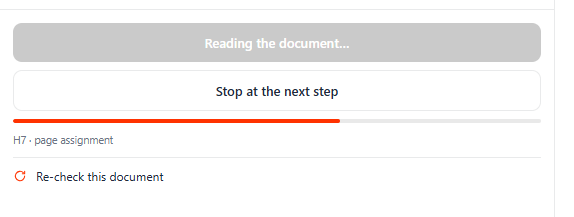 Κατά την ανάγνωση: το κουμπί γράφει Reading the document, με γραμμή προόδου και κουμπί Stop at the next step.