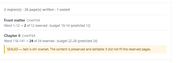 A sealed region in the report: the text is preserved, it did not fit the reserved pages