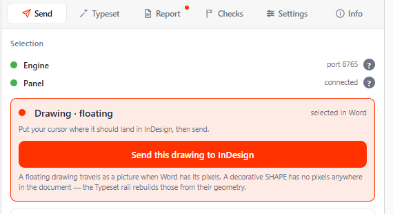 A floating drawing selected: the card explains that it travels as a picture only when Word has its pixels