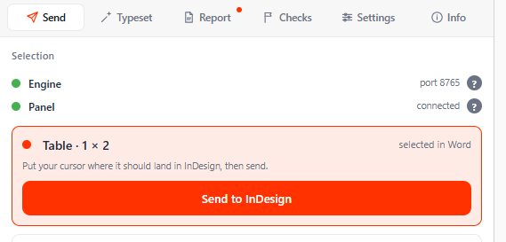 The Send tab with a table selected: the card reads Table, one by two, and offers one button