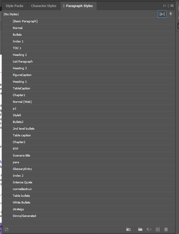 InDesign's Paragraph Styles panel filled with the style names the Word document used