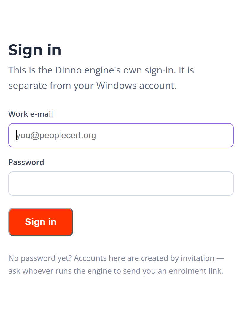 The engine's own sign-in page, asking for a work e-mail and a password