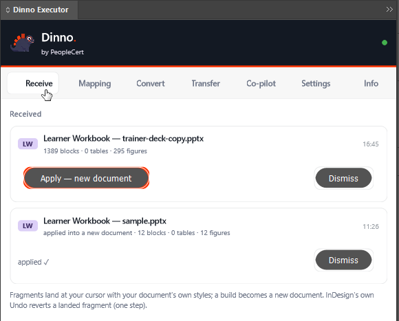 The panel's Receive tab, listing what has arrived from Word and PowerPoint