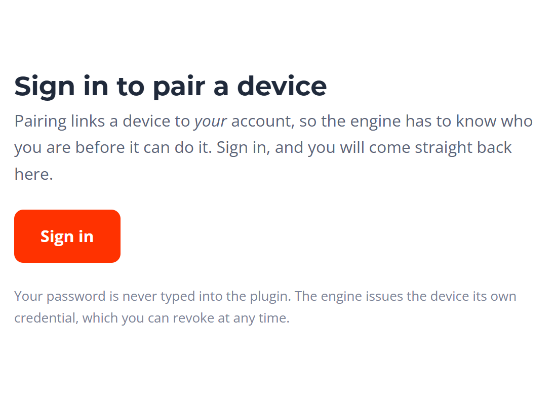 The pairing page refusing to show its code form to a signed-out visitor, offering a Sign in button instead